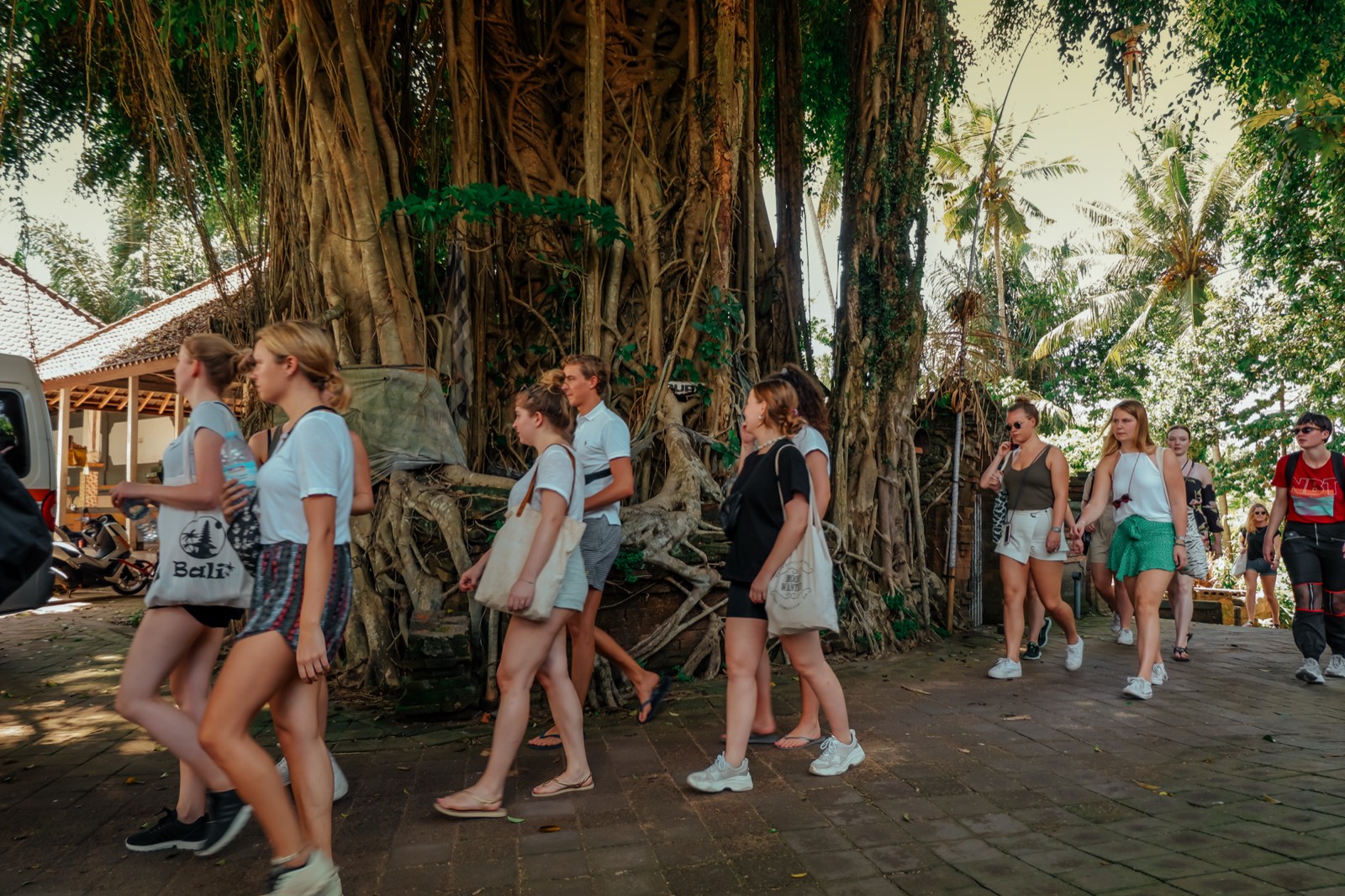 Visitors walking along a traditional path in Wisma Kaka, Bali